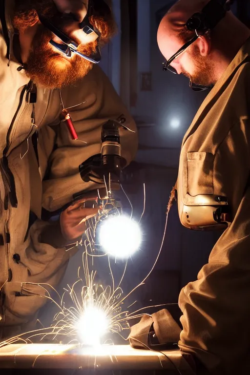 Prompt: a person with 3 eyes, person with a 3rd eye in the middle of their forehead, an awkwardly tall scientist with 3 eyes and a tangled beard and unruly red hair atop his balding head wearing a headlamp a labcoat and welding goggles and holding a beaker, led headlamp, high resolution film still, movie by Ivan Reitman