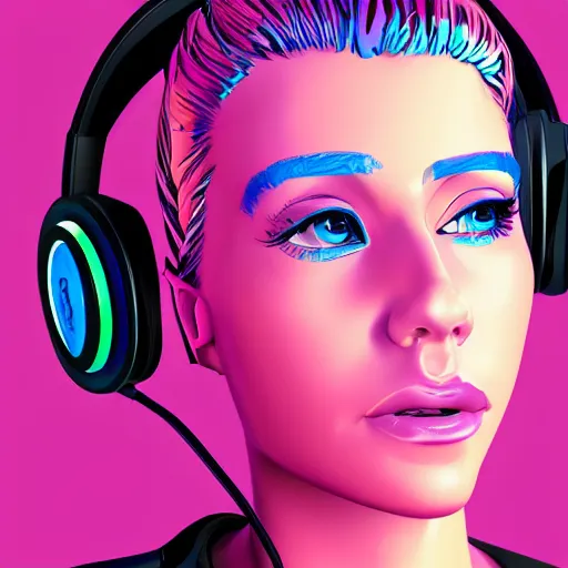 Prompt: synthwave girl wearing headphones, animated, trending on artstation, portrait