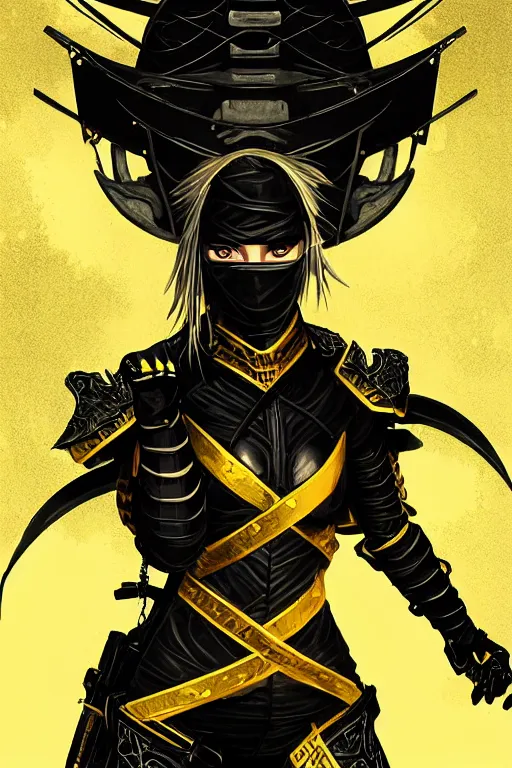 Prompt: portrait Ninja gaiden girl, armored black and yellow ninja wardrobe, in ruin japanese temple rainny night, ssci-fi and fantasy, intricate and very very beautiful and elegant, highly detailed, digital painting, artstation, concept art, smooth and sharp focus, illustration, art by tian zi and WLOP and alphonse mucha