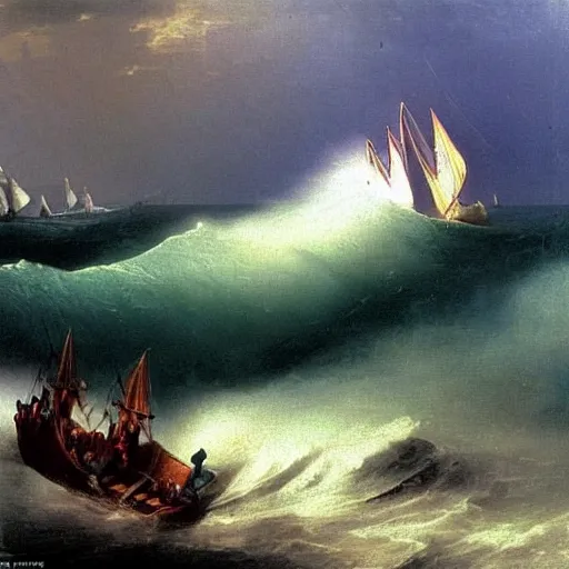 Image similar to the drawing depicts a huge wave about to crash down on three small boats. the boats are filled with people, and they all look terrified. catholicpunk by ivan aivazovsky curvaceous, ornamented