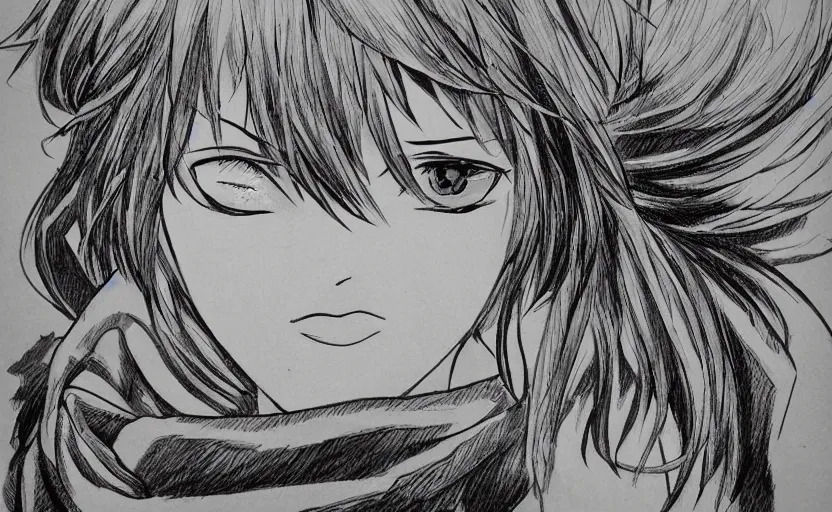 Image similar to manga style, black and white, intricate line art, portrait of a girl, shoulder eyes, trench and sandbags in background, soldier clothing, short hair, hair down, symmetrical facial features, round face, draw on paper, detailed drawing, by ito junji