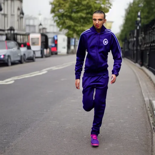 Prompt: skinny mixed race man wearing a tracksuit with trousers that show his pants in london