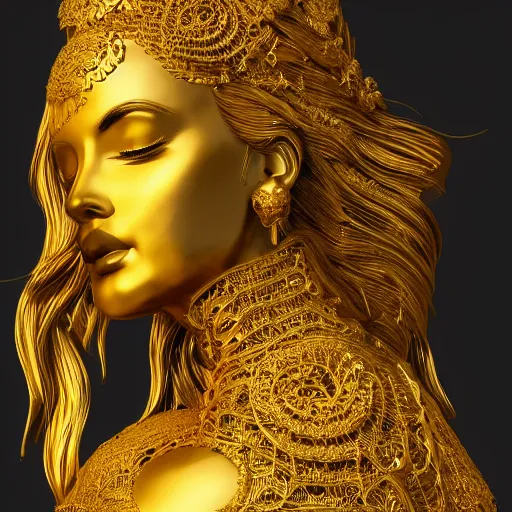 Image similar to epic deatailed golden statue of a beautiful female, surrounded by intricate gold lace metalwork on a black smokey background, close up face, modern art, trending on Artstation