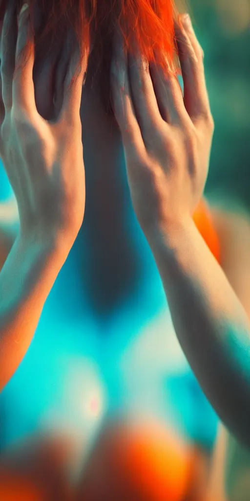 Image similar to a blurry closeup picture of woman's skin gripped tightly, female bodies, hands, macro photography, long exposure photograph, surrealism, anamorphic bokeh, orange and cyan lighting, cinematic