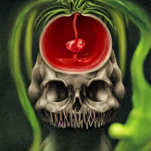 Image similar to a Venus flytrap growing in the mouth of a skull, photo, detailed, 4k