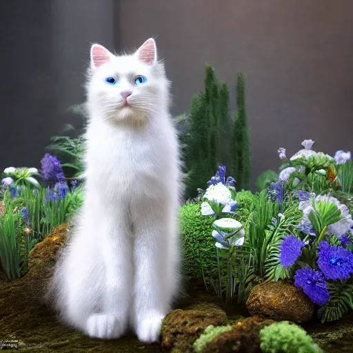 Prompt: hyperrealistic image of fun, fluffy white cat with one blue eye and one green eye, in a fairy garden, stunning 3 d render inspired art by greg rutkowski and xiang duan, perfect facial symmetry, realistic, highly detailed attributes and atmosphere, dim volumetric cinematic lighting, 8 k octane detailed render, post - processing, masterpiece