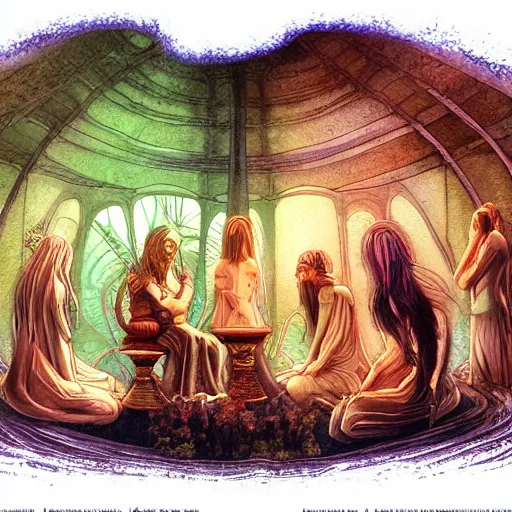 Image similar to mushroom goddess with group of elders, discussing the new season of friends, cynical realism, hiroya oku painterly, yoshitaka amano, chris cunningham, moebius, beautiful lighting, tendrils, in the style of, wlop, scientific diagram