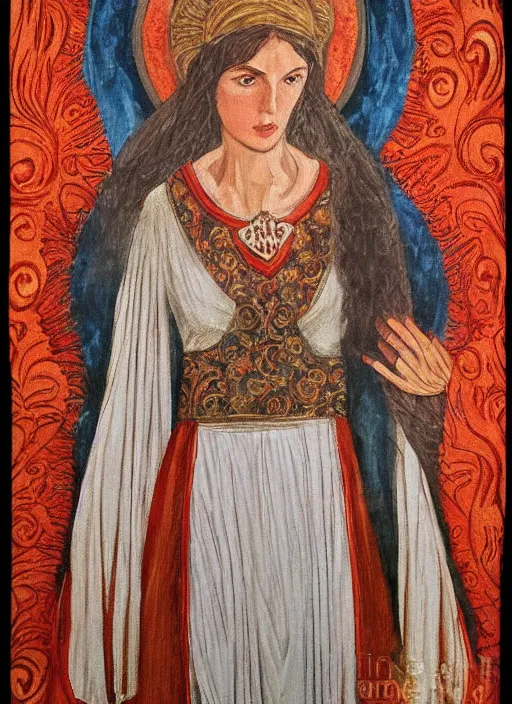 Image similar to Portrait of a beautiful priestess from the oracle of Delphi, looking into the flames, greek fabric by Julia Ustinovich