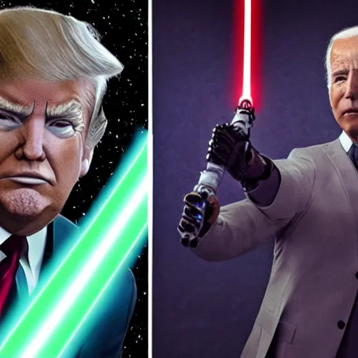 Prompt: donald trump wielding a lightsaber having a lightsaber battle with joe biden in the death star, dynamic lighting, highly detailed