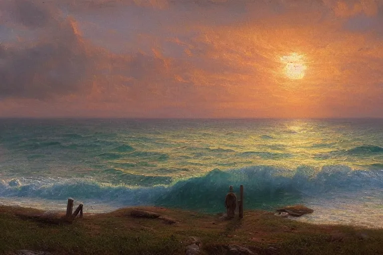 Image similar to sunset over a wooden cabin on the coast in the distance, sea, waves, oil painting, very detailed, colorful, cinematic lighting, albert bierstadt, theodor kittelsen, trending on artstation