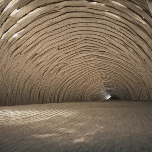 Prompt: a photo of the interior of a vast infinite vaulted structure made of driftwood, volumetric lighting, light rays, photorealistic, ultrarealistic, coronarender, 8 k