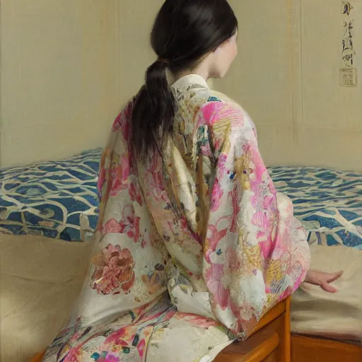 Image similar to girl with long wavy hair, in kimono with koi pattern, backview, sitting on edge of bed, by jeremy lipking, serge marshennikov, joseph todorovitch