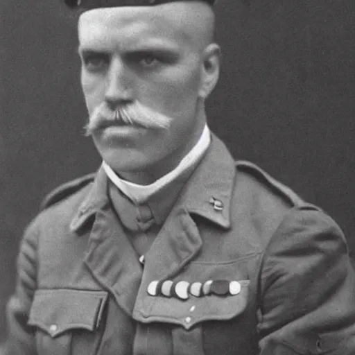 Image similar to an old photo of a soldier with long blonde hair and long blonde moustache