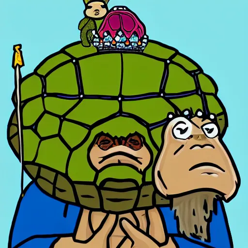 Image similar to wojak overlord with crown riding a turtle with ape next to it holding bag of gems intricate, realistic, photography