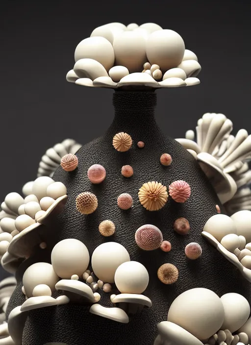 Image similar to perfume bottle surrounded sitting on a biomechanical black corals table made of corals, mushrooms, puffballs, rhizomorphs in an ivory room well contoured smooth fair walls, up close shot, sharp focus, global illumination, radiant light, alexandre ferra white mecha, irakli nadar, octane highly render, 4 k, ultra hd,