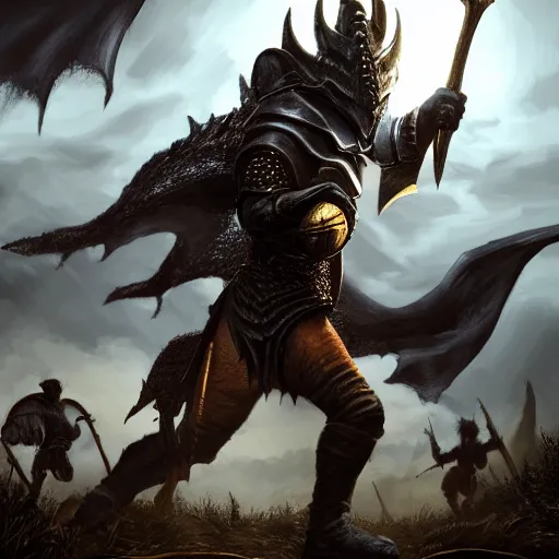 Prompt: a black boy dressed like a knight charging towards a enormous dragon through his hoard of gold coins, by jeff easley, 8k , hd, dynamic wide angle action shot, skyrim character art, dramatic lighting