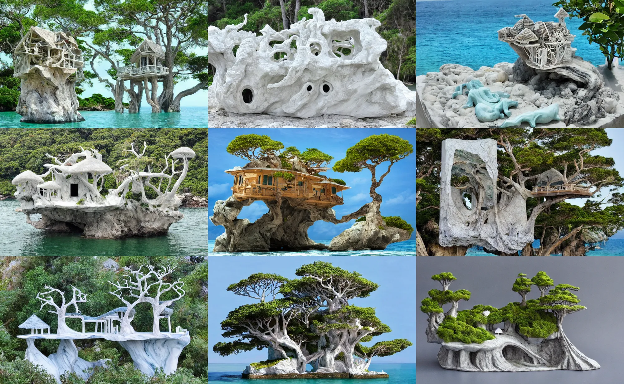 Prompt: marble art of a mystical island treehouse on the ocean