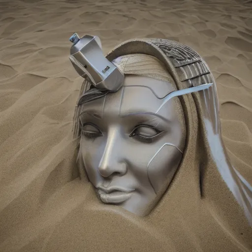 Image similar to the head of a marble cybernetic lady justice statue wearing a virtual reality headset on ground covered in sand, cyberpunk background, highly detailed, epic lighting, hyper photorealism, 8 k