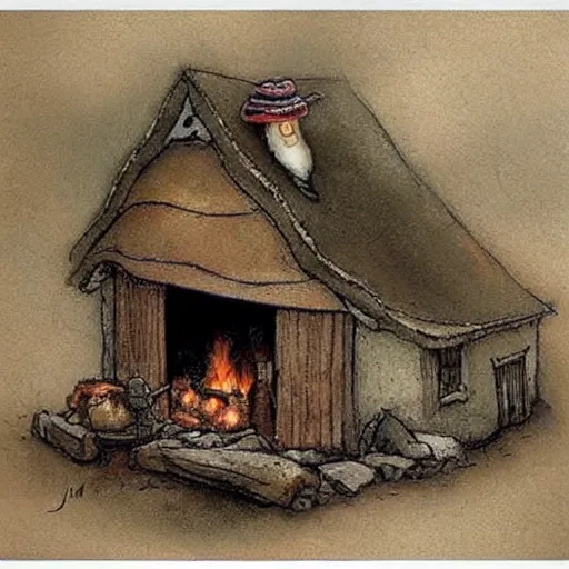 Image similar to (((((((hobbit and knome house living room with blazing fireplace))))))) . muted colors. by Jean-Baptiste Monge !!!!!!!!!!!!!!!!!!!!!!!!!!!!!!!!!!!!!!!! ((((((((((((((((((watercolor sketch))))))))))))))))))