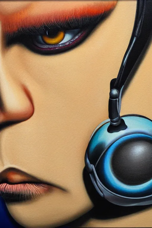 Image similar to hyperrealism surrealism acrylic painting, close - up portrait of bowling ball - with big headphones and a mime sweater, aerosol splashes on paper background, art by jeff soto