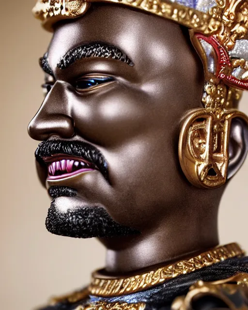 Prompt: highly detailed closeup, face profile portrait of a tin toy kanye west as a fairytale king wearing a crown and sitting on a throne, robes, depth of field, nicoletta ceccoli, mark ryden, lostfish, max fleischer, breathtaking, detailed and intricate environment, 8 k resolution, hyperrealistic, octane render