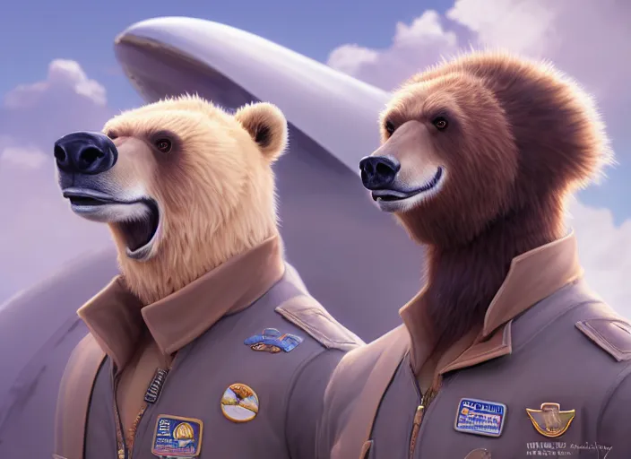 Image similar to character portrait feature of the anthro male anthropomorphic kamchatka brown bear fursona wearing airline pilot outfit uniform professional pilot for the us air force character design stylized by charlie bowater, ross tran, artgerm, and makoto shinkai, detailed, soft lighting, rendered in octane, maldives in background