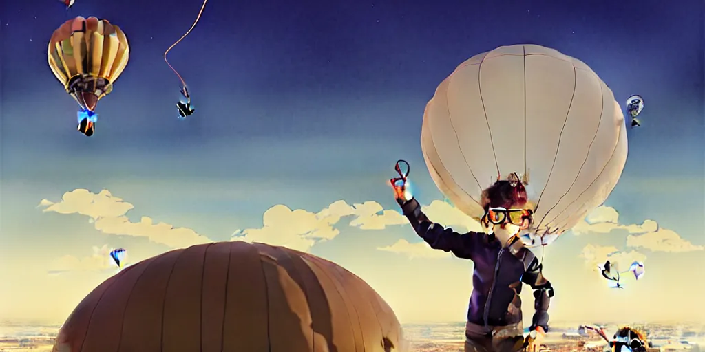 Prompt: 3 d portrait of a boy with light blond curly hair with an aviator helmet and goggles standing at the helm of a multidimensional steampunk hot air balloon by ilya kuvshinov, cloudy sky background lush landscape ln illustration concept art anime key visual trending pixiv by victo ngai fanbox by greg rutkowski makoto shinkai takashi takeuchi studio ghibli