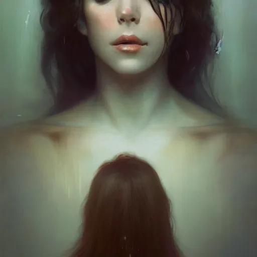 Image similar to Portrait of a melancholic woman, putting on her makeup in an unorthodox manner, illustrated by Greg Rutkowski and Gaston Bussiere, trending on artstation, 4k, 8k