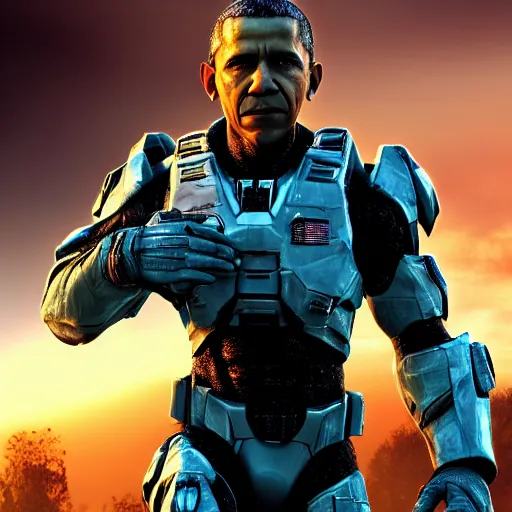 Prompt: a highly detailed photograph of barak obama as master chief, photorealistic, 4 k, wallpaper, lifelike, highly detailed, movie scene