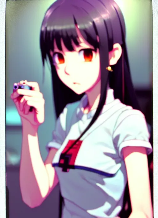 Image similar to a film still polaroid portrait of a young gamersgirl at a gaming pc, finely detailed features, perfect art, busy room, gapmoe yandere grimdark, trending on pixiv fanbox, focussed painted by ilya kushinov makoto shinkai takashi takeuchi studio ghibli, akihiko yoshida, sachin teng, huang guangjian, artstation