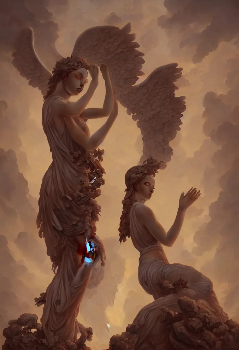 Image similar to beautiful very extreme closeup portrait, weeping scary angels, angel of grief, stone statues, beautiful woman body, unreal engine, greg rutkowski, loish, rhads, beeple, tom bagshaw, alphonse mucha, global illumination, detailed and intricate environment