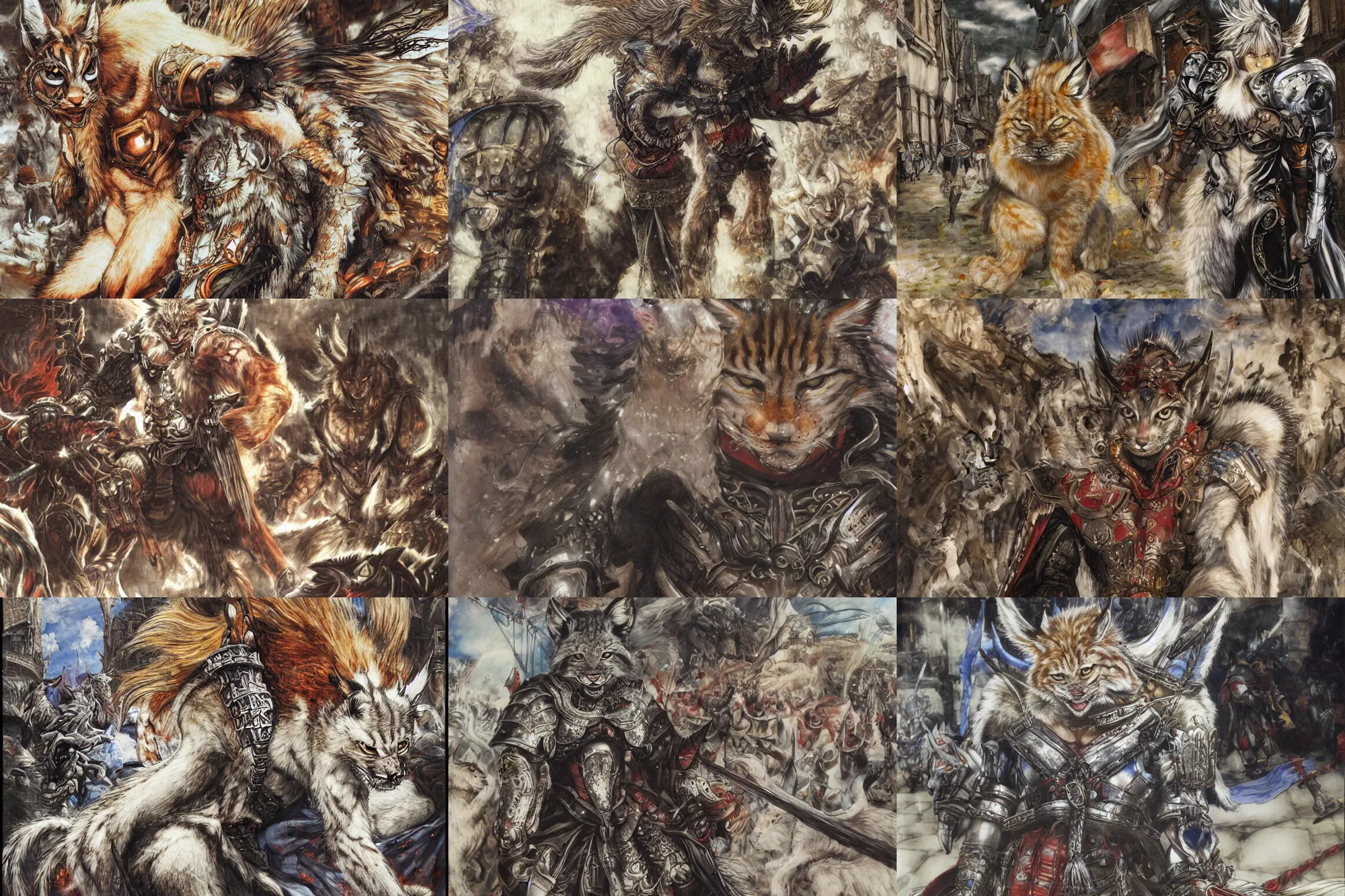 Image similar to 8k Yoshitaka Amano painting of upper body of a young cool looking lynx beast-man with white mane at a medieval market at windy day. Depth of field. He is wearing complex fantasy armors. He has huge paws. Renaissance style lighting.