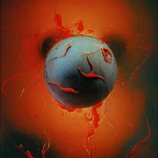 Image similar to a sphere being devoured by abstract splatters of paint in the style of francis bacon, venus being engulfed in flames in the style of james jean, surreal, beksinski, high detailed