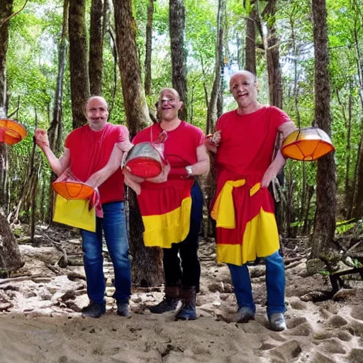 Prompt: A group of Spanish inquisitors holding lanterns on a sandy beach Cove in middle of a magical forest