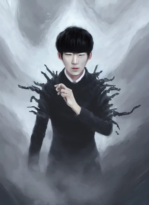 Image similar to a highly detailed illustration of korean man with bowl cut black hair wearing tie with giant black claws, wielding giant black fog claws pose, tired expression, foggy black mist surrounding background, intricate, elegant, highly detailed, centered, digital painting, artstation, concept art, smooth, sharp focus, league of legends concept art, wlop.