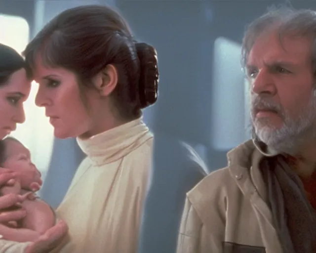 Image similar to screenshot of Han Solo standing next to Princess Leia Organa holding a new born baby in a swaddle, alone, pensive, iconic scene from 1980s Star Wars film directed by Ridley Scott, in a sci fi nursing home architecture, last jedi, 4k HD sharp, cinematic still frame, photoreal, detailed face, moody lighting, stunning cinematography, anamorphic lenses, kodak color film stock