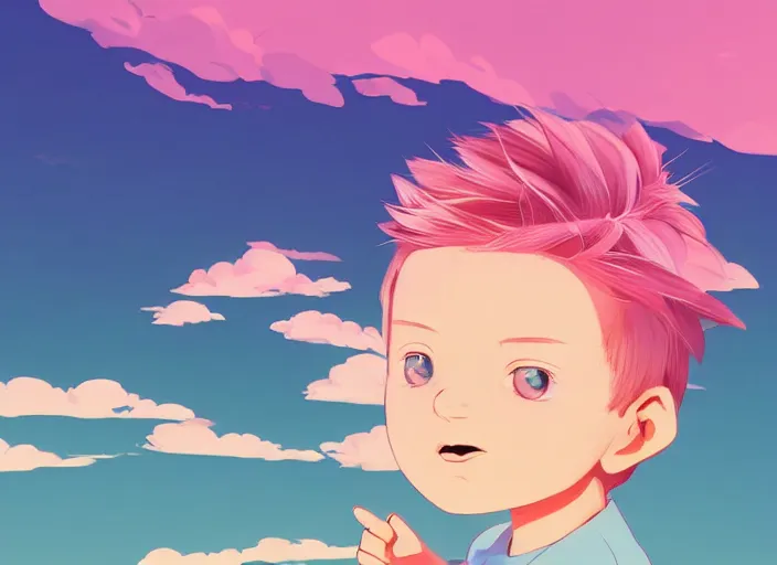 Image similar to a little boy with blonde hair sitting on a cloud in front of a pink and blue sunrise sky. clean cel shaded vector art. shutterstock. behance hd by lois van baarle, artgerm, helen huang, by makoto shinkai and ilya kuvshinov, rossdraws, illustration, art by ilya kuvshinov