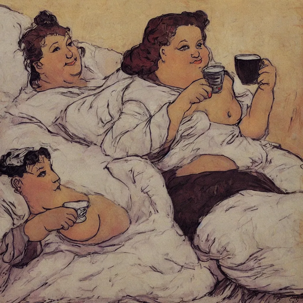 Image similar to a beautiful fat woman drinking coffee in a bed with white sheets drinking coffee in the style of telous lautrec