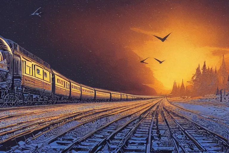 Image similar to trans - siberian express train ultrafine drawing by joe fenton and syd mead and p. craig russell and barry windsor - smith, artstation, 4 k, graphic novel, concept art, matte painting, beautiful russian winter landscape sunset background, golden hour, art nouveau, sharp