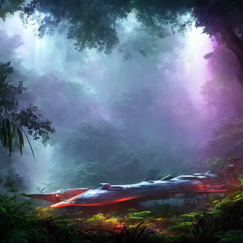 Prompt: a downed spaceship in a dense jungle, misty background, light rays, beautiful lighting, vivid colors, intricate, elegant, smooth, sharp focus, highly detailed digital painting, concept art, cinematic, unreal engine, 4 k wallpaper, trending on cgsociety, trending on artstation