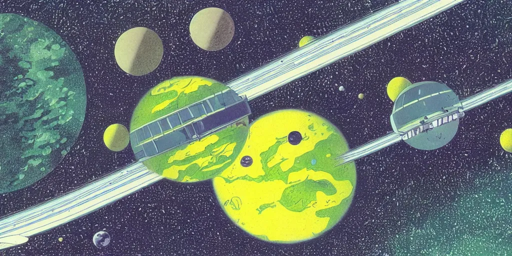 Prompt: A 1970s space station floating over a green and yellow planet in space, detailed illustration, Moebius