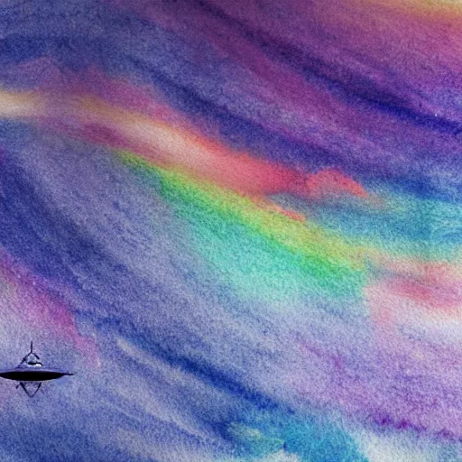 Image similar to high - angle view, close - up portrait, vague uap interstellar vehicle on top of an ephemeral rainbow in the sky, muted watercolor. minimalist, detailed, heavy under paint, muted colors, abstract. ue 5