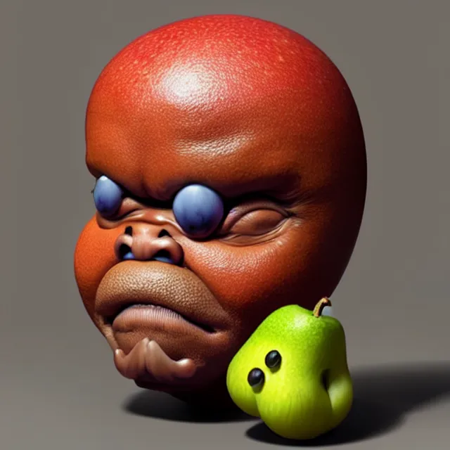 Prompt: bizarre cartoon fruit figurine that looks just like samuel l jackson as a fruit, by naoto hattori 8 k, fruit eyes, fruit world, beautiful intricate painting, hyper realistic, studio lighting, octane render