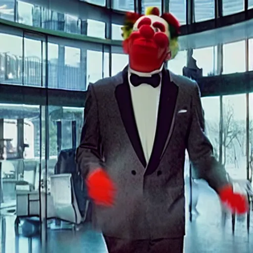 Image similar to blurry film still of a man wearing a suit and a latex mask of a clown from the dark knight's bank robbery scene