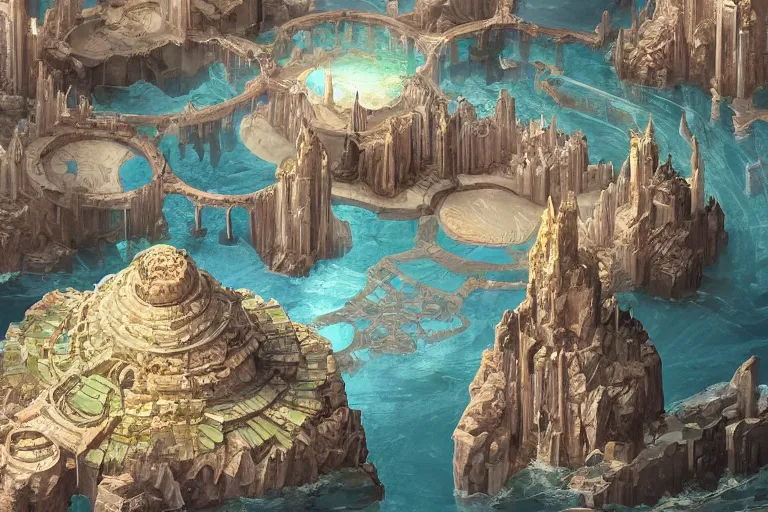 Image similar to atlantis with different levels and layers, connected by many bridges, clean, utopian, white, concept art, digital painting by shaddy safadi