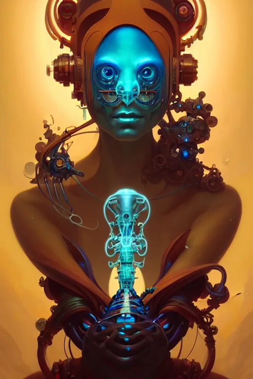 Image similar to portrait, biomechanical bioluminescent creature, cyberpunk, elegant baroque, asymmetrical art, hyperrealism, colorful, vivid, imposing, epic, digital painting, artstation, concept art, by peter mohrbacher and wlop and rhads and artgerm and magali villeneuve and alphonse mucha