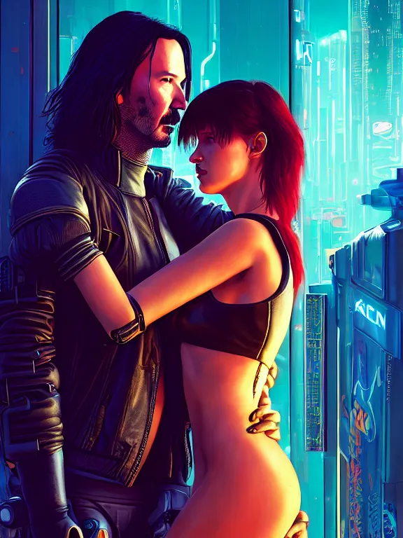 Image similar to a cyberpunk 2077 couple portrait of Keanu Reeves&female android in kiss,love,film lighting,by Laurie Greasley,Lawrence Alma-Tadema,Dan Mumford,artstation,deviantart,FAN ART,full of color,Digital painting,face enhance,highly detailed,8K,octane,golden ratio,cinematic lighting