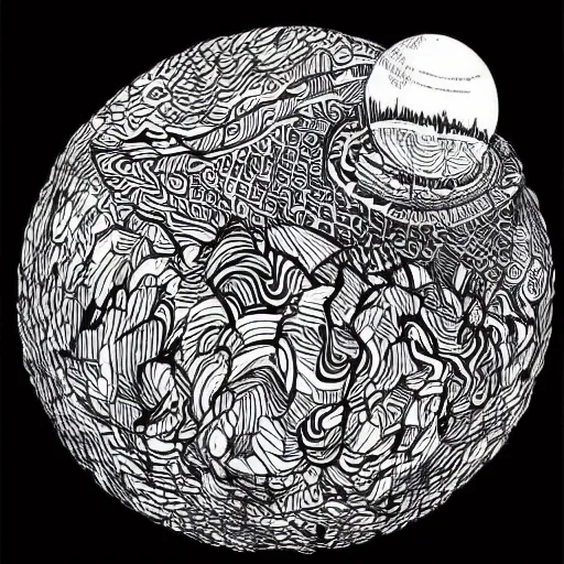 Image similar to black and white ink doodle illustration of a hippo shaped planet in interstellar space, style by peter deligdisch, peterdraws