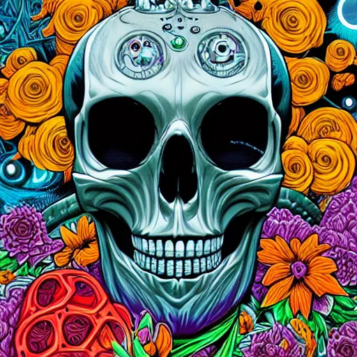 Image similar to ortographic view of a large skull with cybernetic modifications and vivid flowers by Jen Bartel and Dan Mumford and Satoshi Kon, gouache illustration