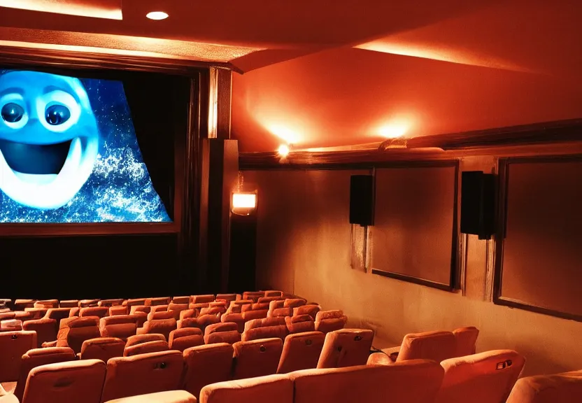 Image similar to in a theater cinema big laughing face on screen realistic light 3 5 mm blockbuster